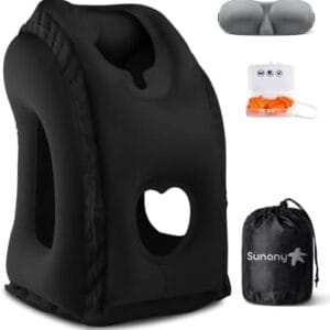 Sunany Travel Pillow, Inflatable Neck Pillow Used for Airplanes/Cars/Buses/Trains/Office Napping with Eye Mask/Earplugs (Balck)