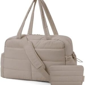 BAGSMART Travel Duffle Bag Gym Bag for Women, 31L Puffer Tote Bag Quilted Laptop Carry on, Weekender Overnight Bag Organizer Duffel Bag for Travel, Khaki