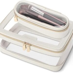 Travel Clear Makeup Bag with Makeup Brush Bag, Leather Makeup Case Toiletry Bag, Portable Cosmetic Bag Case, Transparent Waterproof Cosmetic Organizer Storage Bag for Women, Off-White