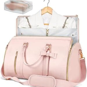 Garment Bags for Travel, Convertible Suit Travel Bag for Women, Stylish Carry On Garment Bag with Toiletry Pocket, Shoulder Strap and Shoes Compartment, 2 in 1 Foldable PU Leather Duffle Bag, Pink