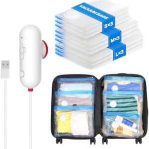 VMstr 9 Pack Travel Vacuum Storage Bags with USB Pump, Vacuum Packing Seal Bags for Luggage, Carry-on Size Space Saver for Clothes and Clothing Travel