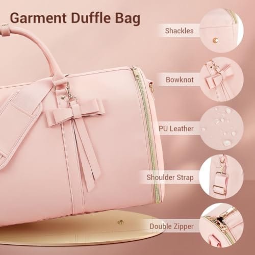Garment Bags for Travel, Convertible Suit Travel Bag for Women, Stylish Carry On Garment Bag with Toiletry Pocket, Shoulder Strap and Shoes Compartment, 2 in 1 Foldable PU Leather Duffle Bag, Pink - Image 3