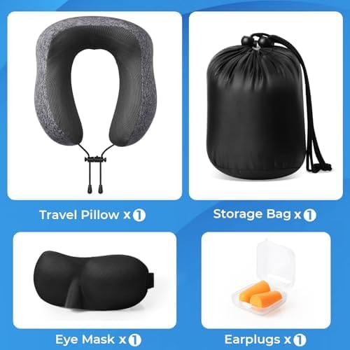 Travel Pillow, Travel Pillows for Sleeping Airplane, Removable Cover Neck Pillow with Adjustable Clasp, Memory Foam Neck Pillow Set with Eye Mask, Earplugs and Storage Bag (Dark Grey) - Image 4