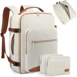 LOVEVOOK Travel Backpack for Women Men as Personal Item Flight Approved, 40L Luggage Carry On Backpack,17.3inch Large Daypack Laptop Backpack Waterproof Outdoor Sports with 3 Packing Cubes,Beige-Brown