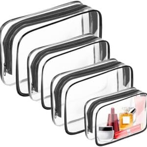 AURUZA 4 Pack Clear Toiletry Bag, Portable Travel Makeup Pouch with Zipper, TSA Approved Organizer, PVC Cosmetic for Airport Airline Compliant