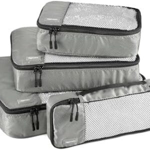 Amazon Basics Lightweight Packing Cubes for Travel, 4 Piece Set With Double Zipper Pulls and Mesh Top Panel, 100% Durable Polyester, Small, Medium, Large, and Slim, Gray