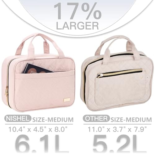 NISHEL Travel Toiletry Bag for women, Portable Hanging Organizer for Travel-Sized Shampoo, Conditioner, Brushes Set, makeup Accessories, Medium Size, Pink - Image 3