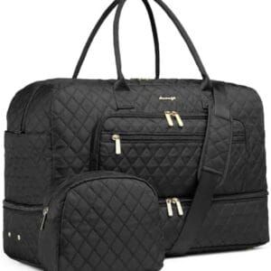 Large Women Travel Duffle Bag - Carry on Overnight Bag Weekend Travel Duffel Tote Bag Yoga Gym Bag with Wet Pocket Toiletry Weekender Overnight Bag for Travel Business Trips Sport Hospital Black