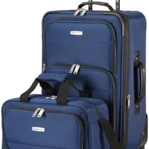 Amazon Basics Luggage Sets, One 23-Inch Carry On Softside Suitcase and One 15-Inch Tote Bag, Suitcase With Wheels, Expandable Extra Space (+15%), Front Pockets and Telescopic Handle, Navy Blue