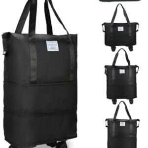 VOOWO Rolling Duffle Bag with Wheels, Expandable Foldable Duffle Bag with Wheels and Handle for Travel, Rolling Luggage bag Carry on Duffel Bag, Wheeled Travel Duffle Bag, Large Weekend Bag (Black)