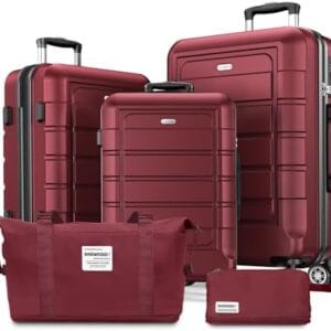 SHOWKOO Luggage Sets Expandable PC+ABS Durable Suitcase Double Wheels TSA Lock 5pcs Wine Red