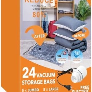 24 Pack Vacuum Storage Bags with Electric Pump, (5 Jumbo, 5 Large, 5 Medium, 5 Small, 4 Roll Up Bags) Space Saver Bag for Clothes, Mattress, Blanket, Duvets, Pillows, Comforters,Travel