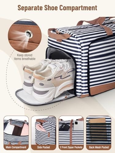 Lekesky Foldable Travel Duffle Bag for Women, 80L Large Duffel Bag with Separate Shoes Compartments & Straps, Carry On Weekend Bag for Women, Hospital, Overnight (Blue Stripes) - Image 4