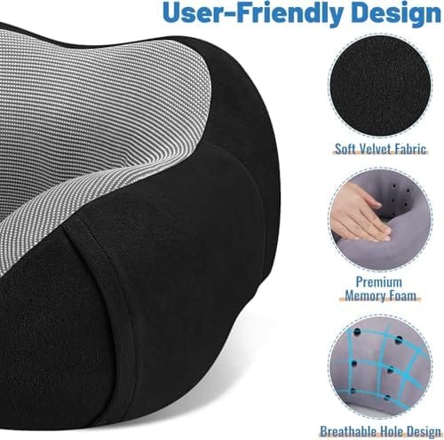 CloudBliss Travel Pillow Premium Memory Foam, Comfortable & Supportive Neck Pillow, Sleeping Neck Pillows for Travel, Airplane Pillow for Sleeping Airplane, Car, Office and Home(Black) - Image 2