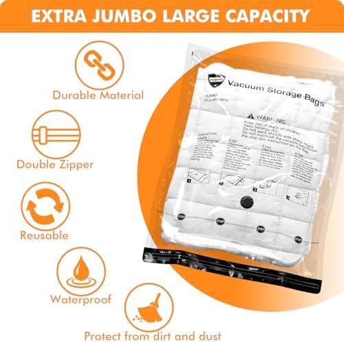 24 Pack Vacuum Storage Bags with Electric Pump, (5 Jumbo, 5 Large, 5 Medium, 5 Small, 4 Roll Up Bags) Space Saver Bag for Clothes, Mattress, Blanket, Duvets, Pillows, Comforters,Travel - Image 2