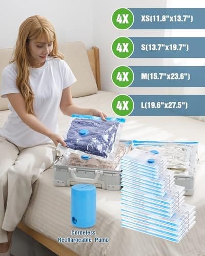 Vacuum Storage Bags for Travel, 16 Pack (4L+4M+4S+4XS) Vacuum Seal Bags with Wireless Rechargeable Electric Pump, Travel Essentials Space Saving Bags for Clothes, Luggage, Carry-on Suitcase, Backpack - Image 2